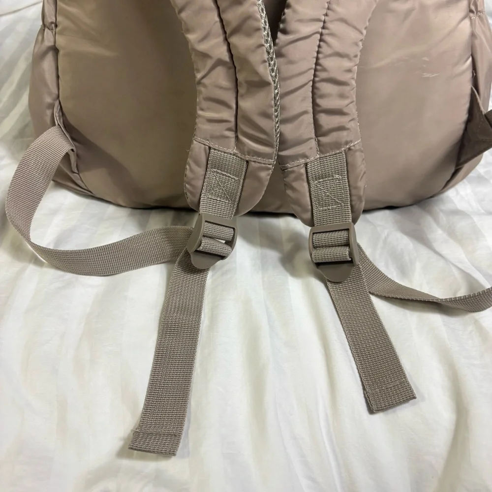 Mommore tan basket weave nylon diaper bag backpack gold hardware